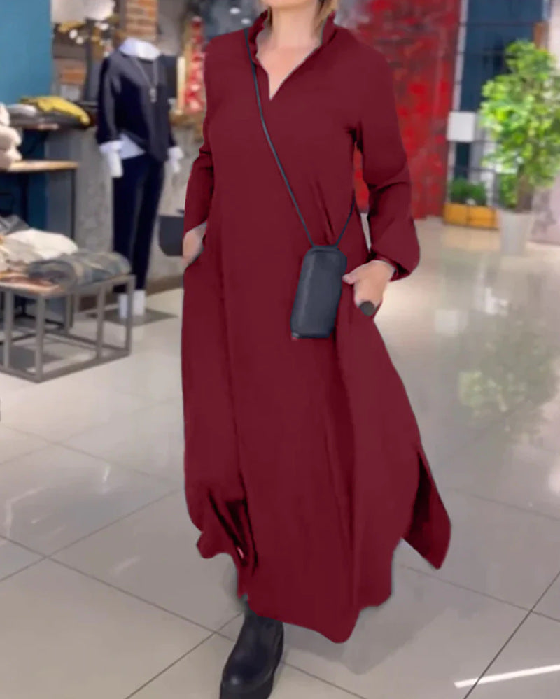 Effen Jurk met V-hals en Lange Mouwen Elegante Stijl - Mode Vibes