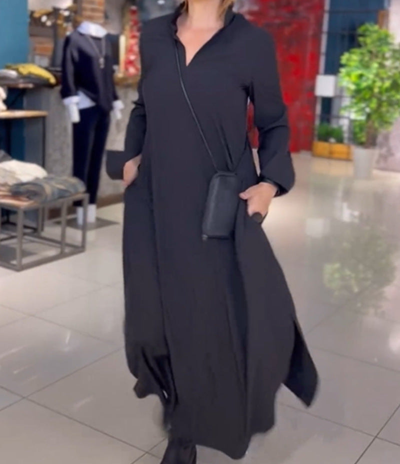 Effen Jurk met V-hals en Lange Mouwen Elegante Stijl
