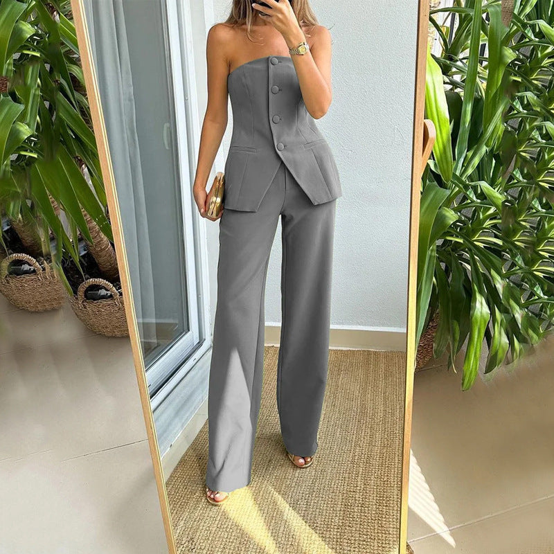 Vrouwelijke Röhrentop met Knopen en Broek Set