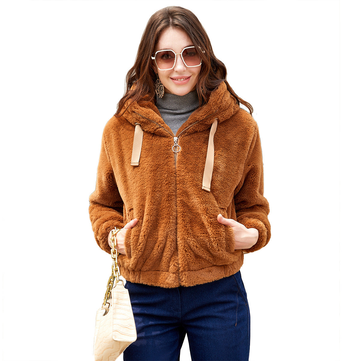 Dames Teddyjas met Capuchon Zacht Fleece Bontjas