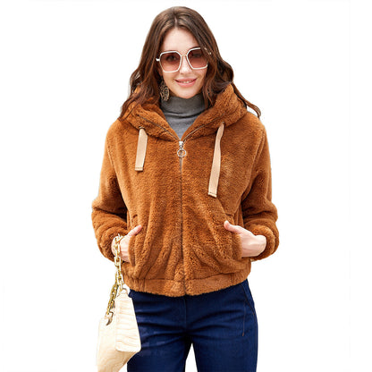 Dames Teddyjas met Capuchon Zacht Fleece Bontjas