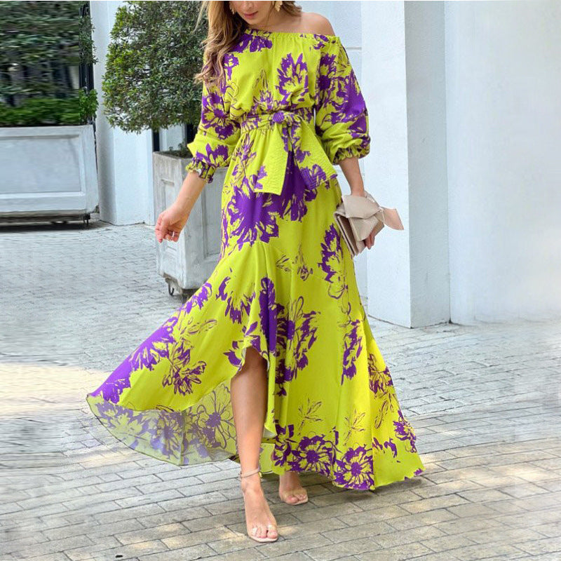Elegante Jurk Lange Rok met Hoge Taille en Wijd Mouwen