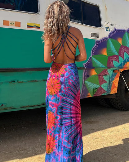 Maxi Jurk Kant en Tie-Dye Print Zomerjurk Vrouw