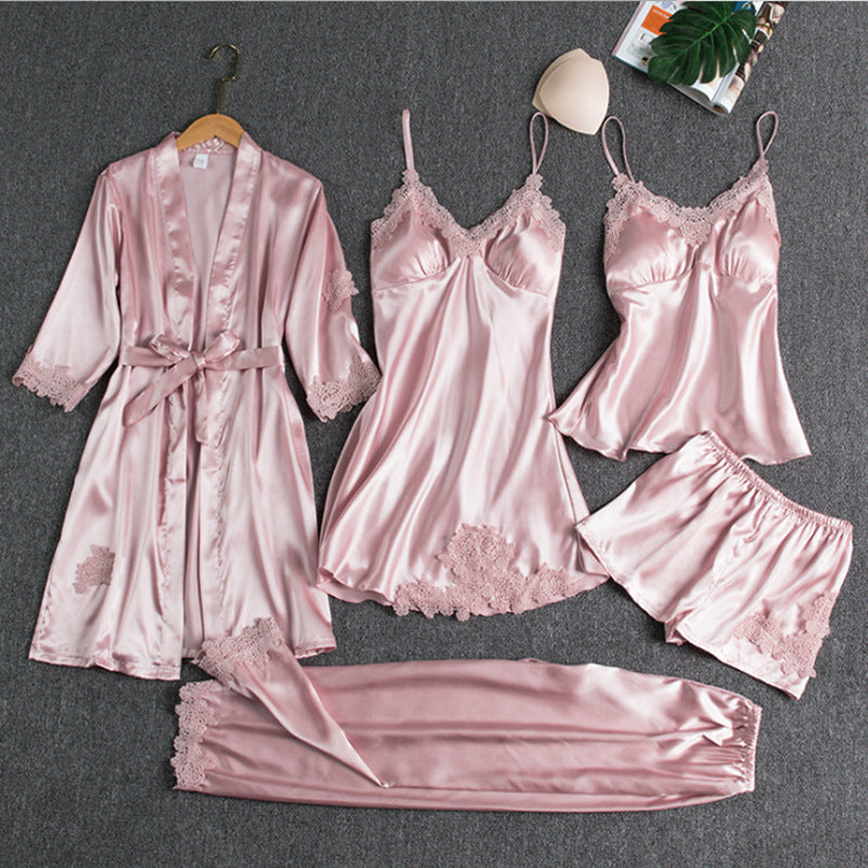 Luxe Satijnen Pyjama Set voor Dames – 4-Delig met Kimono, Shorts & Nachtjurk