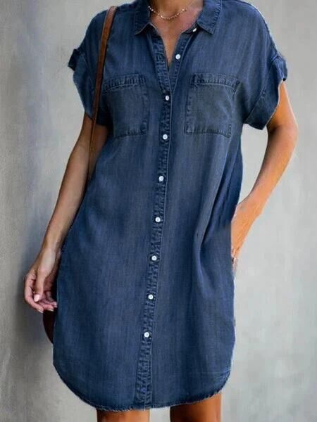 Blauwe Denim Jurk Halflang Effen Stijl - Mode Vibes