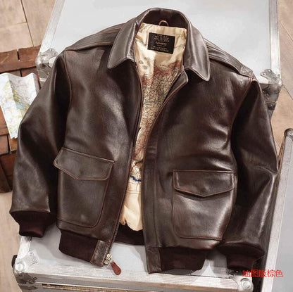 Vintage bomberjack voor heren – Imitatieleren jas met shearling kraag en Amerikaanse voering