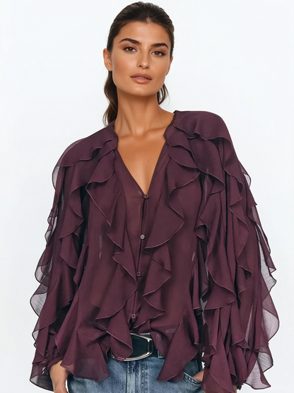 Vrouwelijke Blouse met Ruches en Doorzichtige Mouwen - Mode Vibes