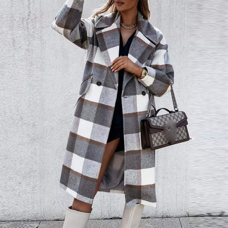 Wollen Jas Geruit Lang Vintage Stijl - Mode Vibes