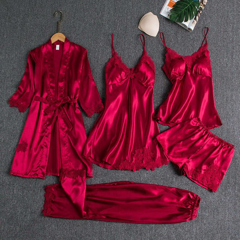 Luxe Satijnen Pyjama Set voor Dames – 4-Delig met Kimono, Shorts & Nachtjurk