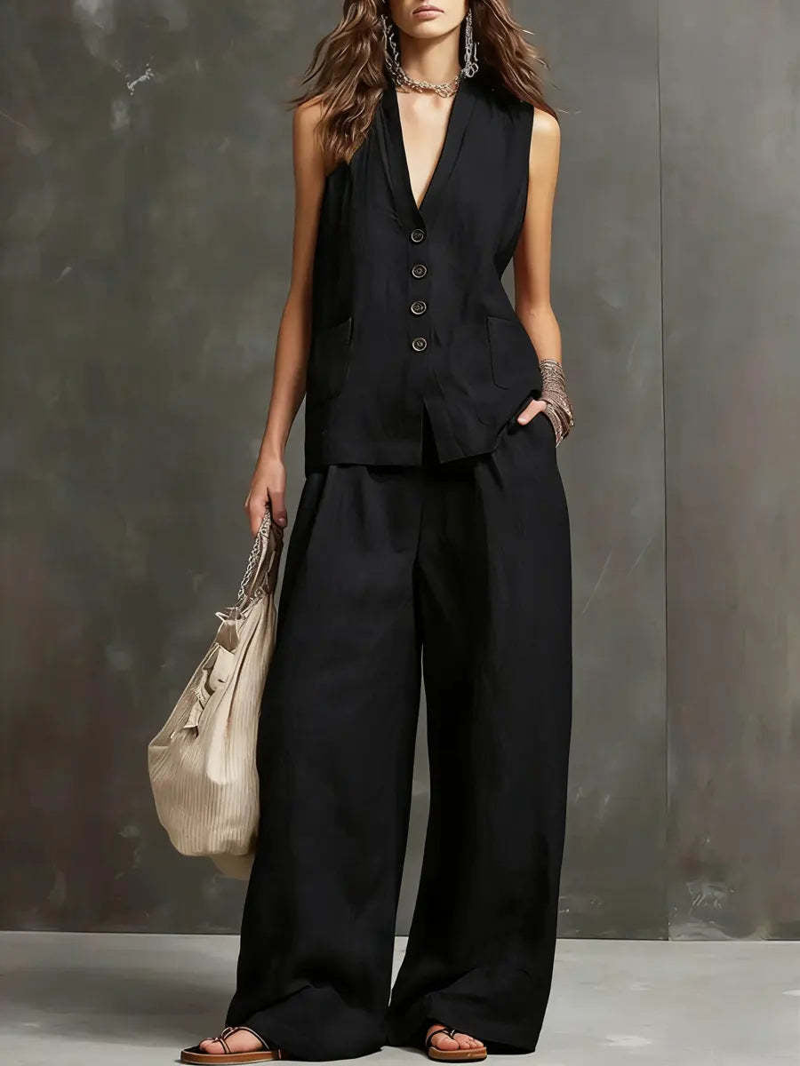 Dames Tweedelige Set Katoen Linnen Mouwloos Gilet Wijde Broek