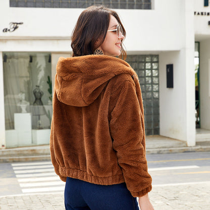 Dames Teddyjas met Capuchon Zacht Fleece Bontjas