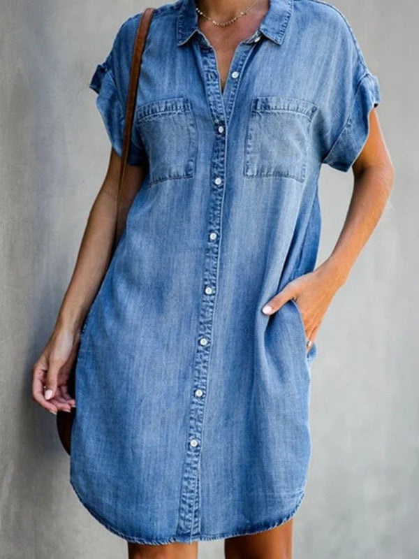 Blauwe Denim Jurk Halflang Effen Stijl