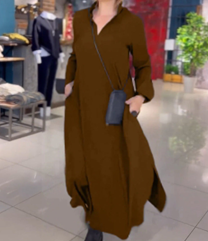 Effen Jurk met V-hals en Lange Mouwen Elegante Stijl