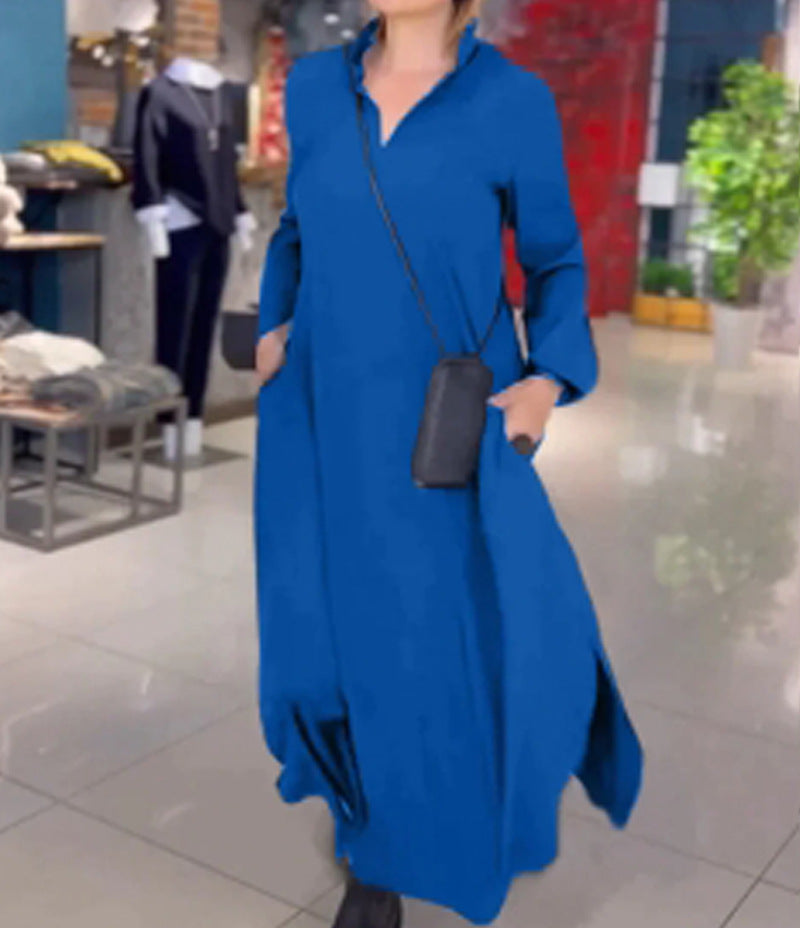 Effen Jurk met V-hals en Lange Mouwen Elegante Stijl
