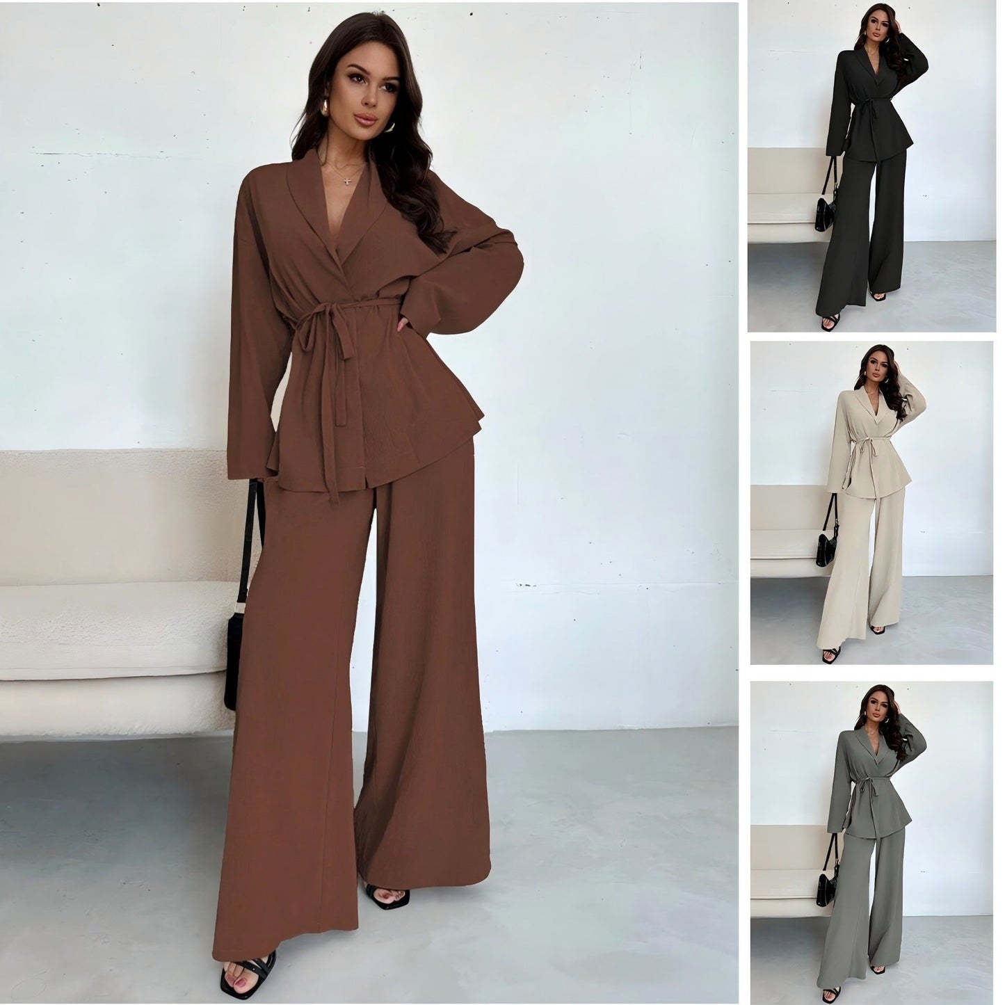 Dames Blazer Set Met Ceintuur Slim Fit