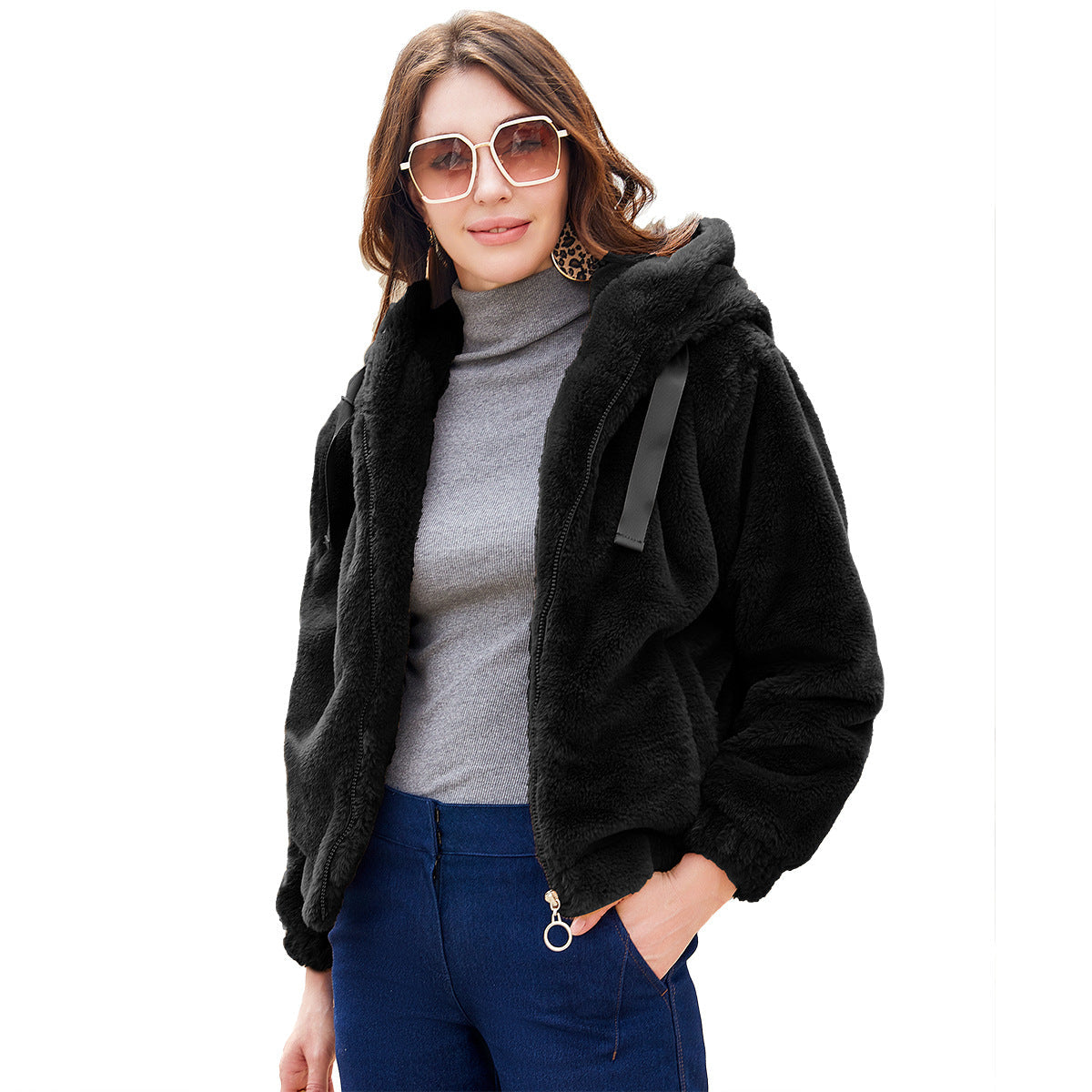 Dames Teddyjas met Capuchon Zacht Fleece Bontjas