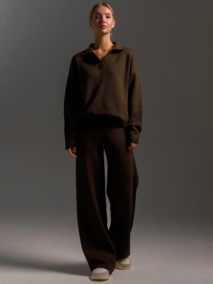 Indy Lounge Set – Dames Loungepak met Oversized Polosweater en Wijde Broek in Zandkleur