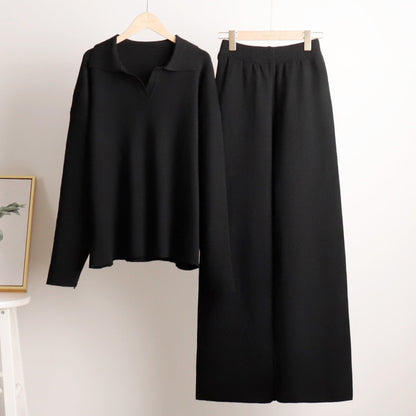 Indy Lounge Set – Dames Loungepak met Oversized Polosweater en Wijde Broek in Zandkleur