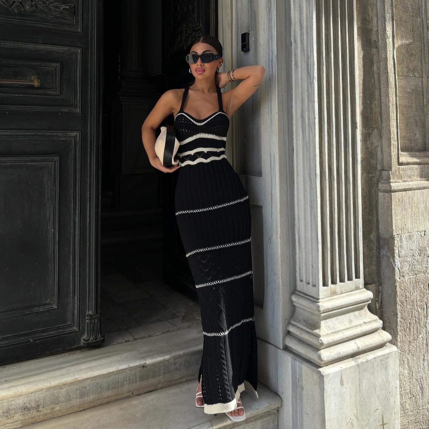 Boho Maxi Jurk met Gehaakte Details en Streep Patroon