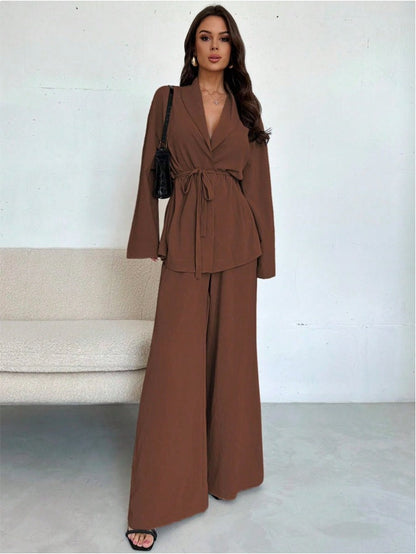 Dames Blazer Set Met Ceintuur Slim Fit