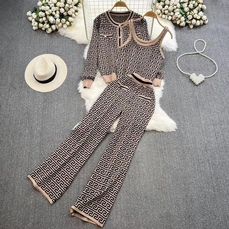 Dames Jurk Koffiekleurig Drie-delig Set Rond Hals - Mode Vibes