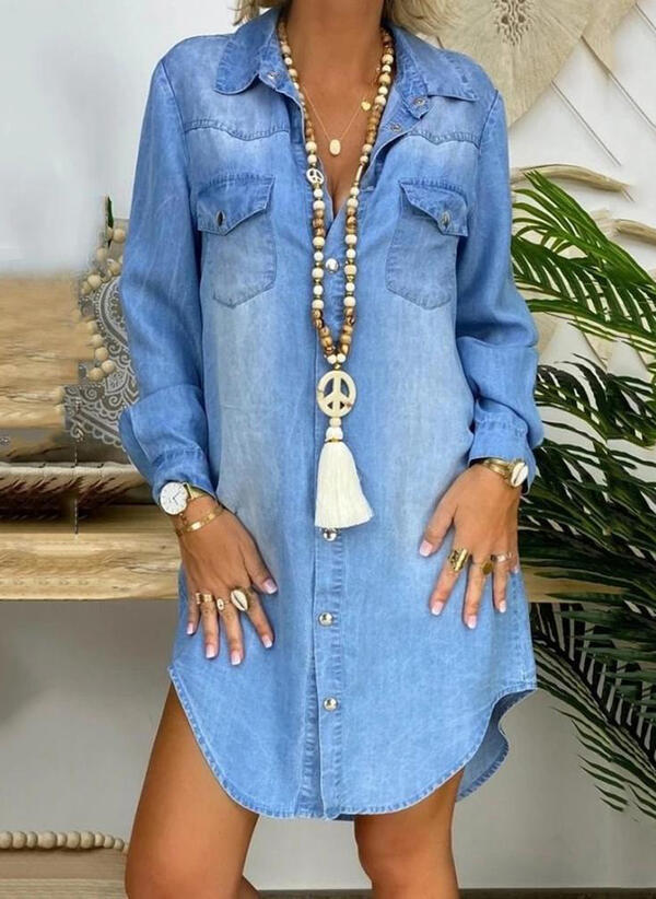 Wijde Denim Overhemdjurk Lange Mouwen Effen Blauw - Mode Vibes