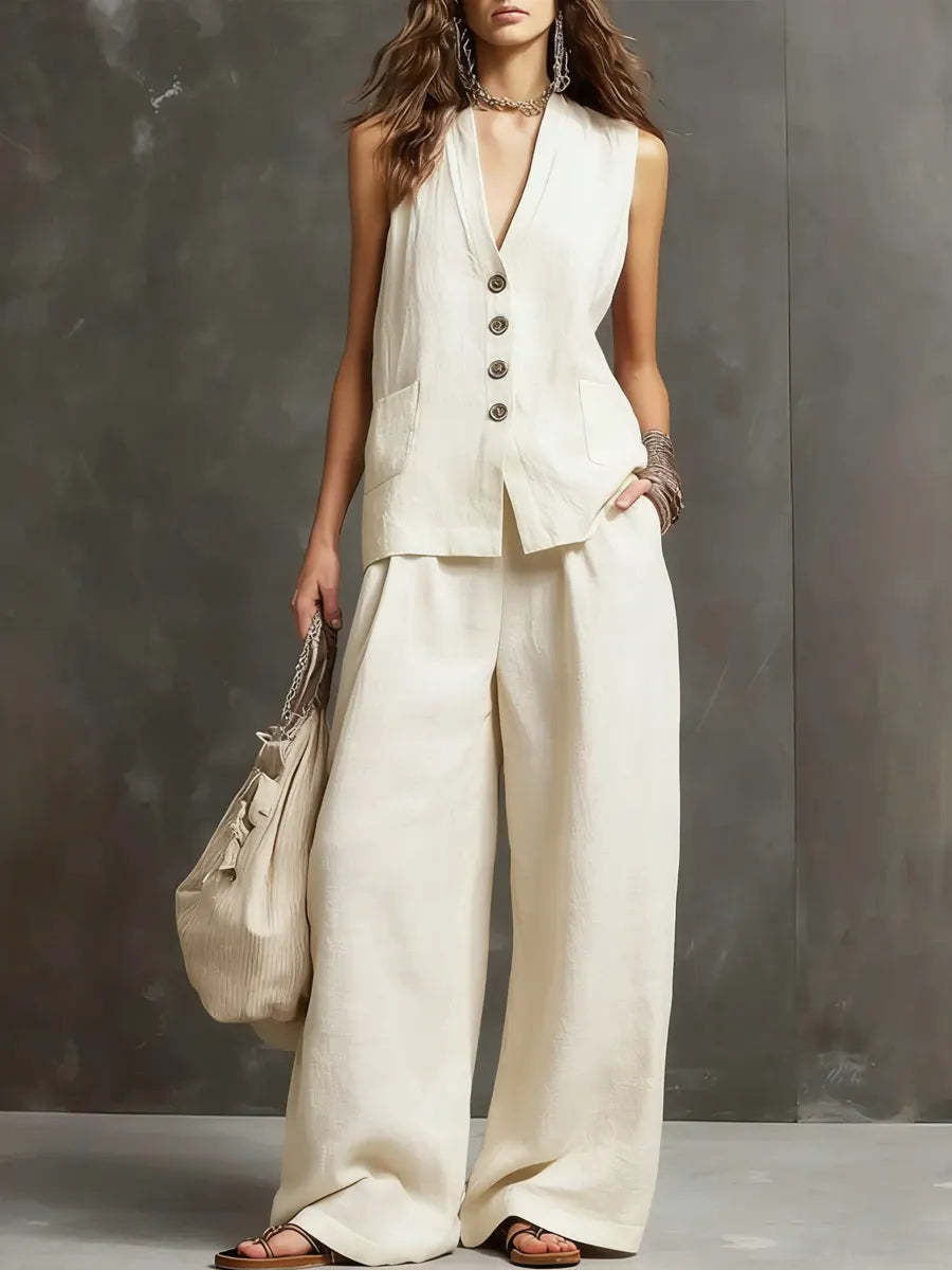 Dames Tweedelige Set Katoen Linnen Mouwloos Gilet Wijde Broek