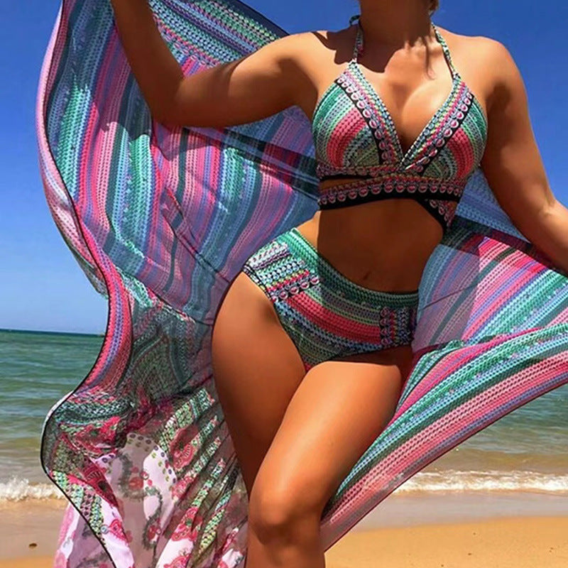Strandzwempak Driedelig Bikini Hoge Taille Gekruiste Bandjes