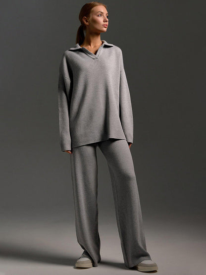 Indy Lounge Set – Dames Loungepak met Oversized Polosweater en Wijde Broek in Zandkleur