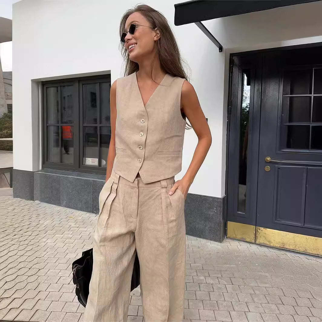 Vest en Wijde Broek Set voor Vrouw Modern en Comfortabel
