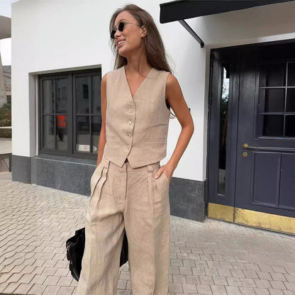 Vest en Wijde Broek Set voor Vrouw Modern en Comfortabel