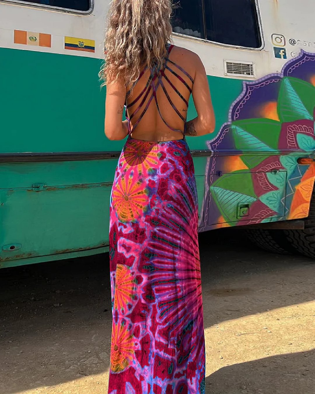 Maxi Jurk Kant en Tie-Dye Print Zomerjurk Vrouw