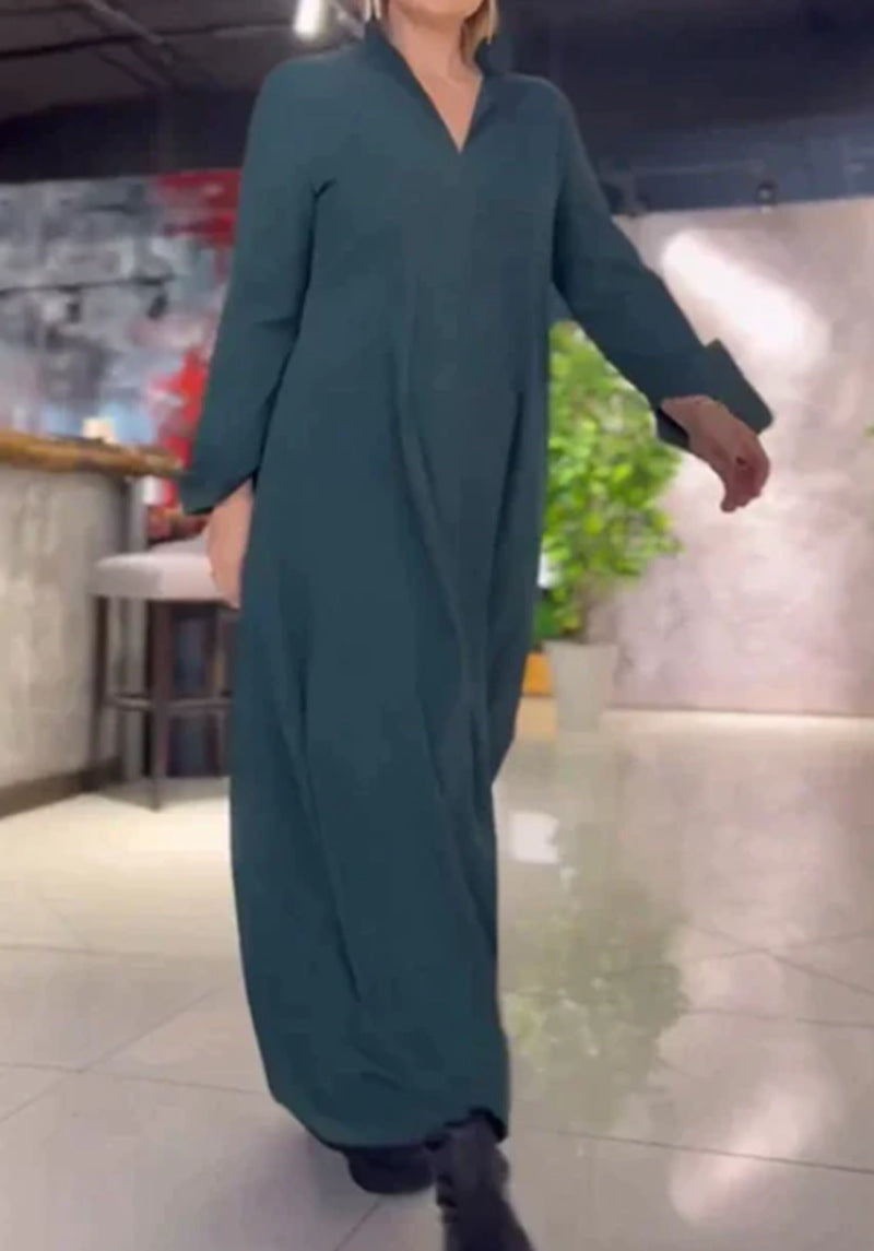 Effen Jurk met V-hals en Lange Mouwen Elegante Stijl