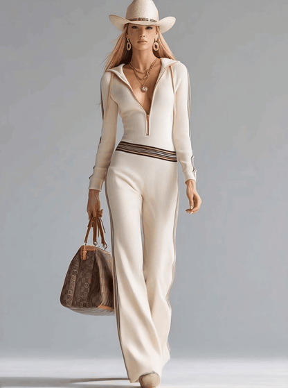 Dames Gebreide Jumpsuit met Capuchon en Rits – Offwhite