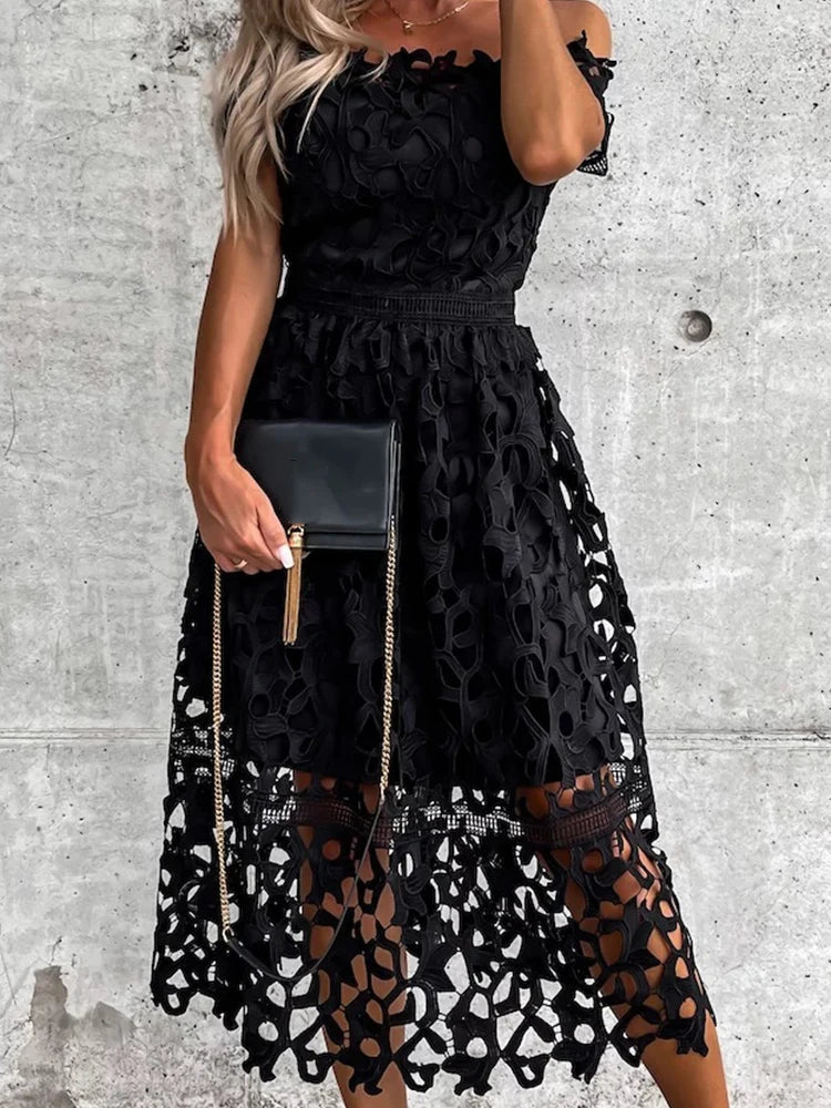 GlamourBloom Off Shoulder Midi Jurk