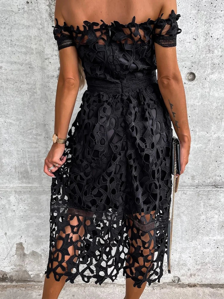 GlamourBloom Off Shoulder Midi Jurk