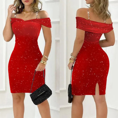 Fonkelende Verleiding Off Shoulder Slim Glanzende Jurk