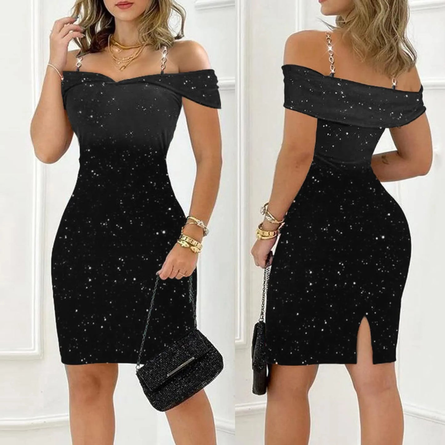 Fonkelende Verleiding Off Shoulder Slim Glanzende Jurk