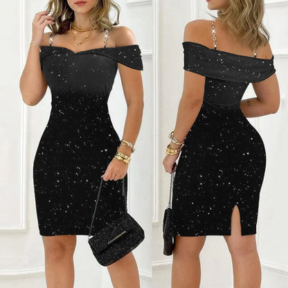 Fonkelende Verleiding Off Shoulder Slim Glanzende Jurk