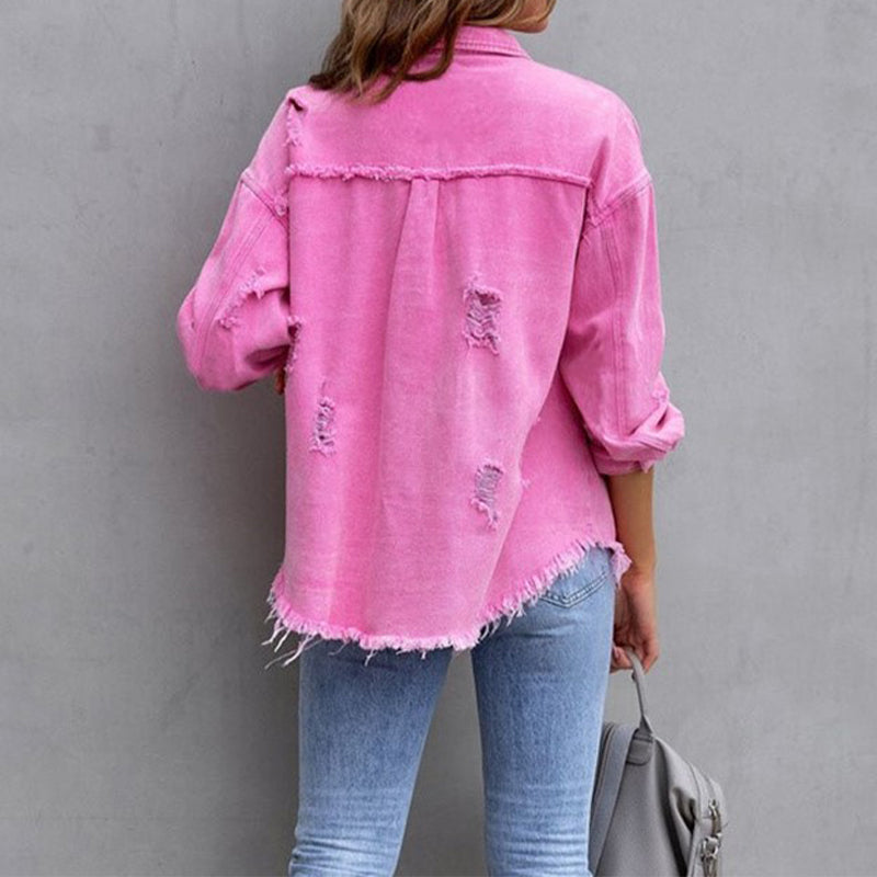 Oversized Denim Jacket met Gerafelde Rand en Losse Pasvorm