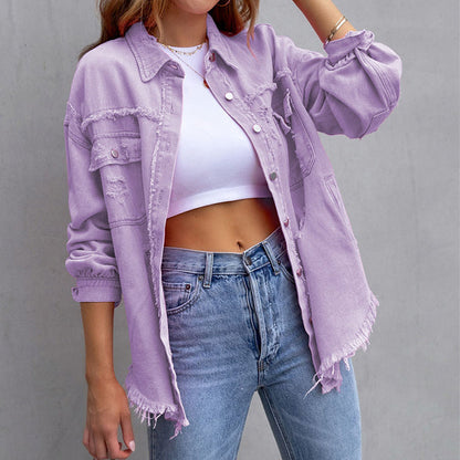 Oversized Denim Jacket met Gerafelde Rand en Losse Pasvorm