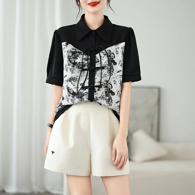 Oversized Zomer Chinese Stijl Print Shirts Tops voor Dames