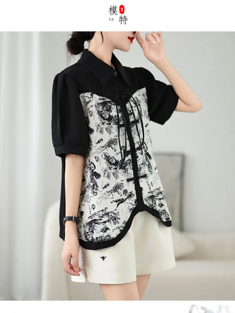 Oversized Zomer Chinese Stijl Print Shirts Tops voor Dames