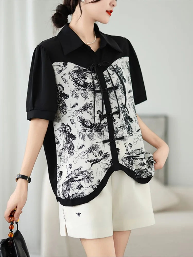 Oversized Zomer Chinese Stijl Print Shirts Tops voor Dames
