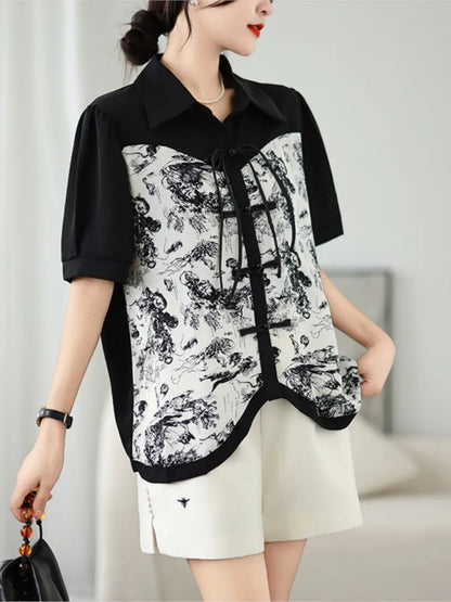Oversized Zomer Chinese Stijl Print Shirts Tops voor Dames