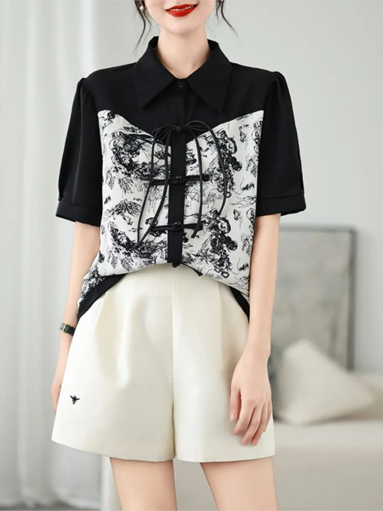 Oversized Zomer Chinese Stijl Print Shirts Tops voor Dames