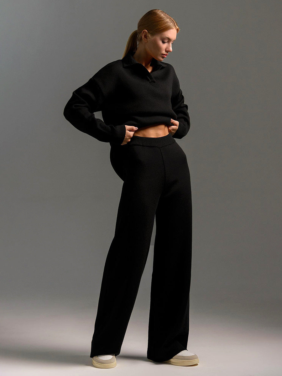Indy Lounge Set – Dames Loungepak met Oversized Polosweater en Wijde Broek in Zandkleur