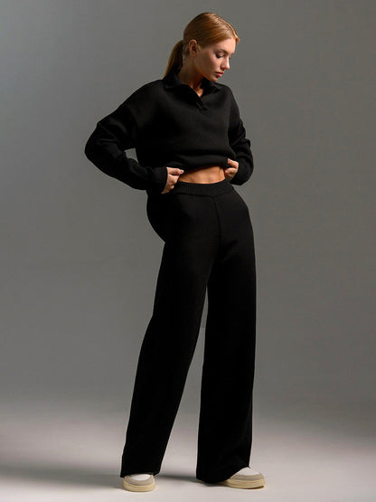 Indy Lounge Set – Dames Loungepak met Oversized Polosweater en Wijde Broek in Zandkleur