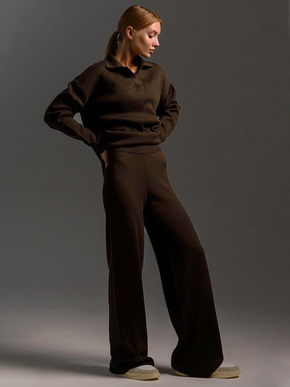 Indy Lounge Set – Dames Loungepak met Oversized Polosweater en Wijde Broek in Zandkleur