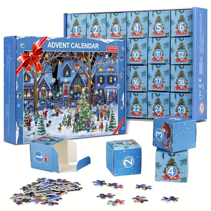 PLANOVA Adventskalender met een kerstthema, compleet met een puzzel van een kerst dorp, 24 vakjes met stukjes om elke dag van december te openen, en een vrolijke, feestelijke sfeer.